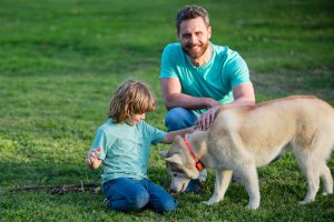 Padre e hijo con perro mascota relajándose en la naturaleza en el parque