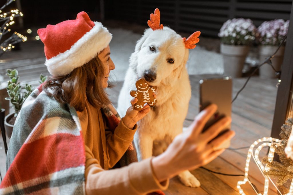 Mujer compartiendo un momento con su perro disfrazado de reno en Navidad, ideal para consejos sobre cómo cuidar mascotas en Panamá.
