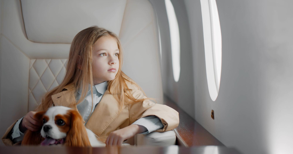 Niña con su perro en un avión