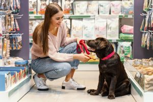 Persona con un perro en una pet shop en Panamá.